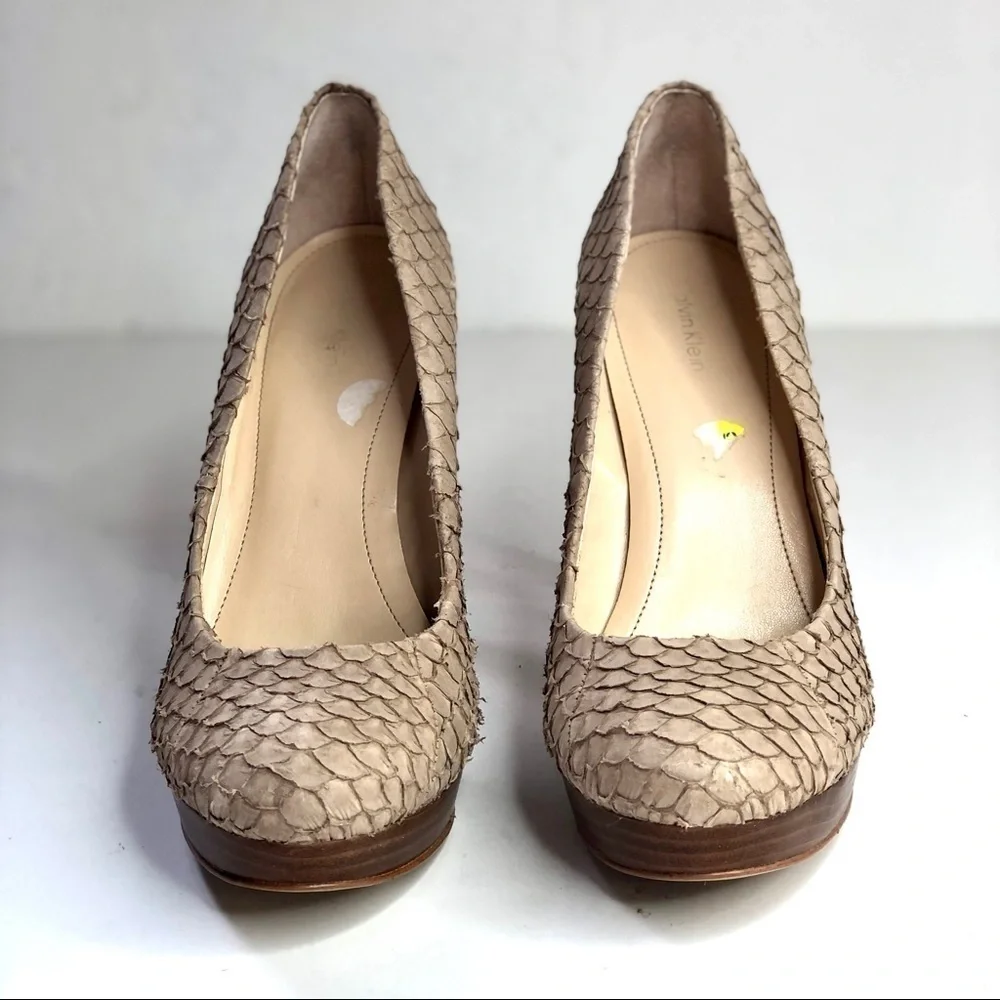 Calvin Klein Kendall fish skin textured scaly stilettos platform tan beige sand